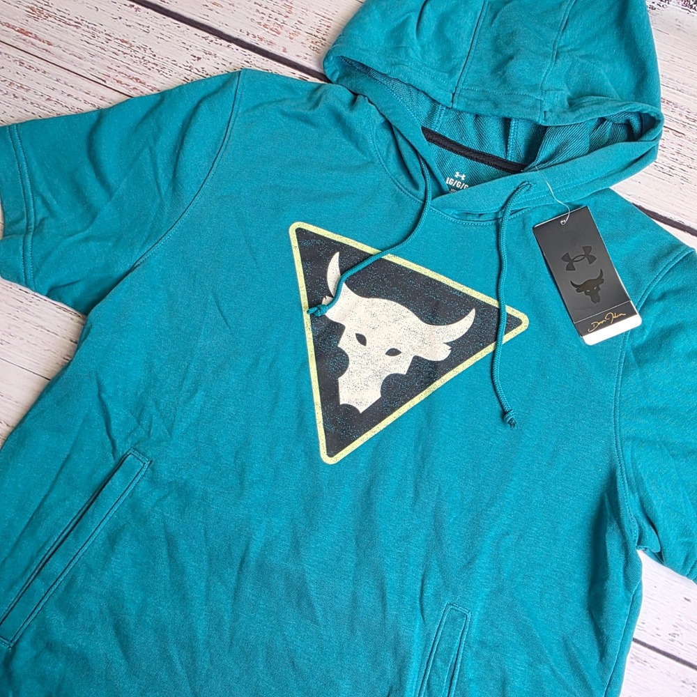Under Armour Project Rock Mens Terry Short Sleeve Hoodie Teal Blue Large 1378019